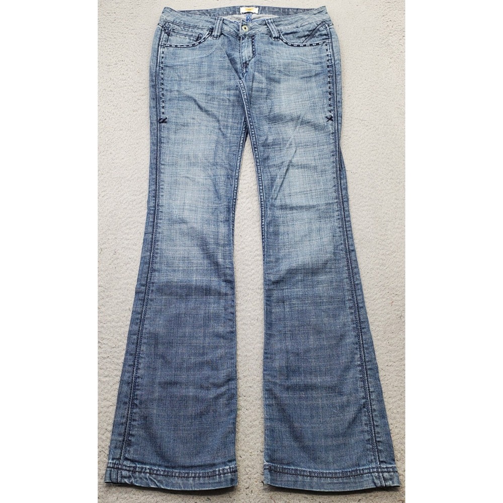 Antik Denim Flare Leg Jeans Womens 29 Blue Embroidered Pockets Contrast Stitch